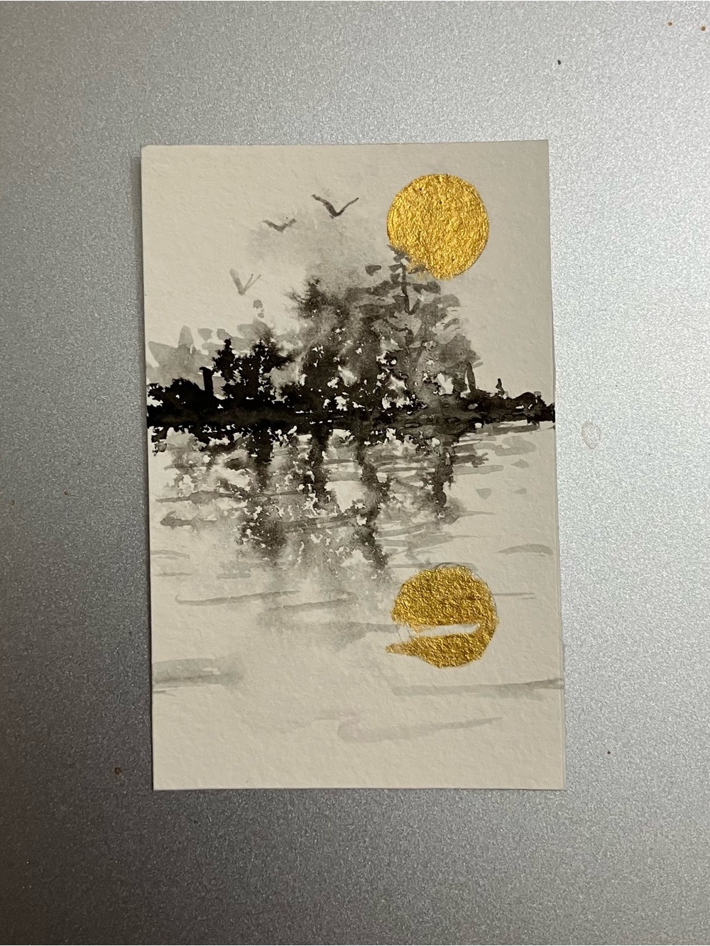 Original sunset landscape miniature realism painting sumi-e style art USA